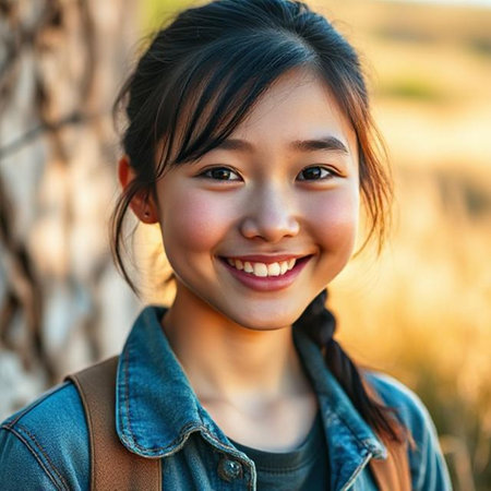 Portrait of a beautiful Asian girl in the field at sunsetの素材