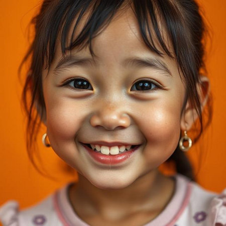 Portrait of little Asian girl smiling at camera over orange backgroundの素材