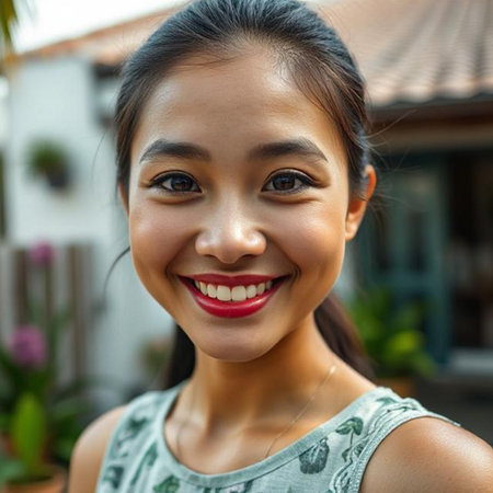 Portrait of a beautiful young Asian woman smiling at the cameraの素材