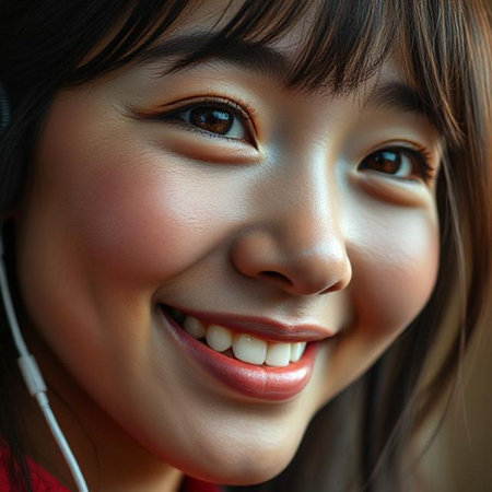Closeup portrait of a beautiful young Asian woman smiling and listening to music with headphonesの素材