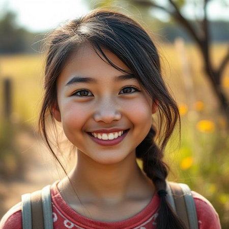 Portrait of a smiling Asian girl with backpack looking at cameraの素材