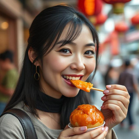 Beautiful asian woman eating chinese bun in the street.の素材