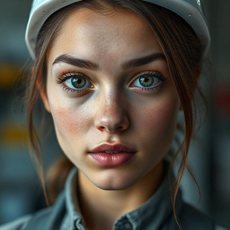 Close-up portrait of a beautiful girl with blue eyes in a helmetの素材
