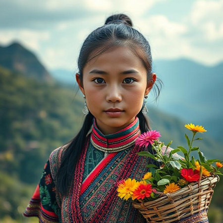 Unidentified Chiang Mai girl with a basket of flowers in her hand.の素材
