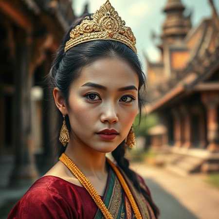 Portrait of a beautiful young Asian woman in traditional costume at the temple.の素材