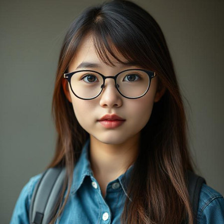 Portrait of beautiful young Asian woman in denim shirt and eyeglassesの素材