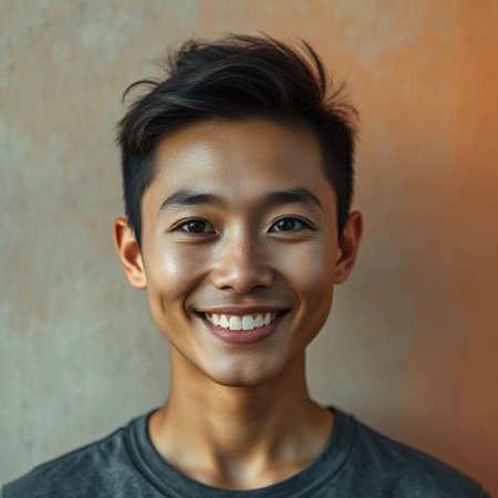 Portrait of a young Asian man smiling against a brown wallの素材