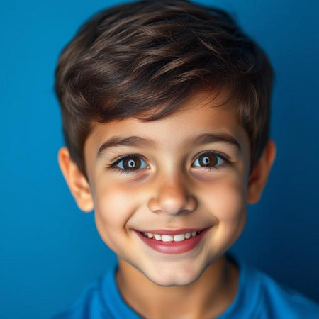 Portrait of a smiling little boy on a blue background. Close-up.の素材