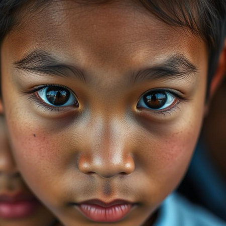 Portrait of an Indian boy with blue eyes, close upの素材