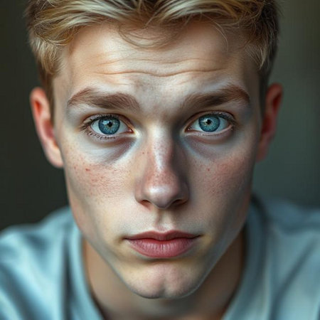 Close up portrait of a young man with blue eyes looking at cameraの素材
