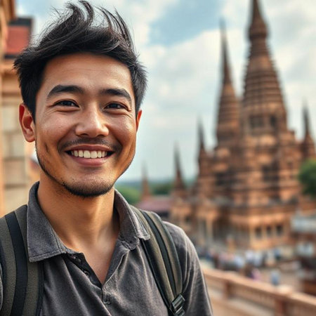 Portrait of a happy Asian man in front of temple in Bagan, Myanmarの素材