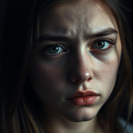 Portrait of a beautiful girl with green eyes on a dark backgroundの素材