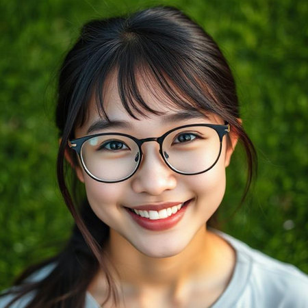 Portrait of a happy young Asian woman in eyeglassesの素材