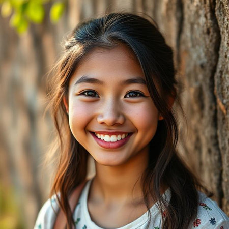 Portrait of a beautiful little Asian girl smiling in the parkの素材