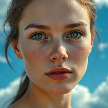 Closeup portrait of beautiful young woman with blue eyes against cloudy skyの素材
