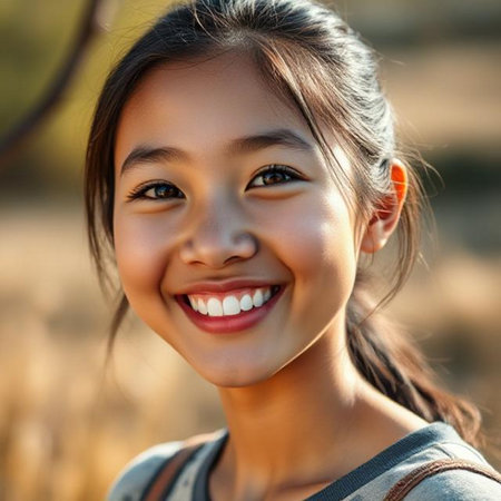 Portrait of a beautiful Asian girl smiling and looking at cameraの素材