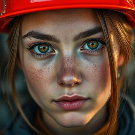 Close-up portrait of a beautiful girl with blue eyes in a red helmetの素材