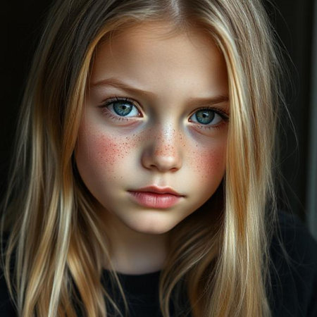 Portrait of a little girl with freckles on her faceの素材