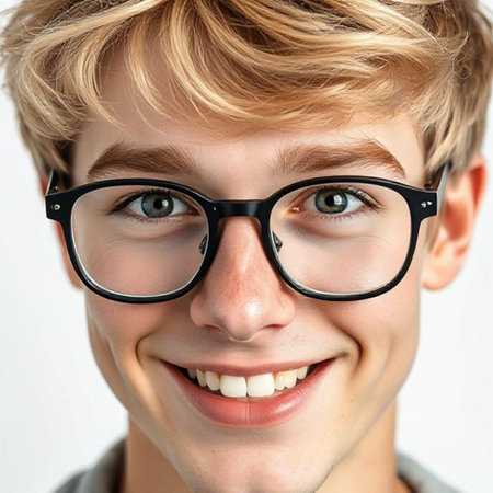Portrait of a handsome young man with blond hair wearing glasses.の素材
