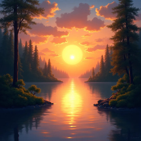 Beautiful sunset on the lake in the forest.3d renderingの素材