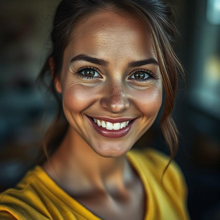 Close up portrait of a beautiful young woman smiling and looking at cameraの素材
