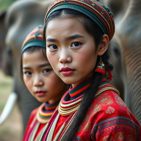 Thai girl with elephant at the Elephant Festival in Chiang Mai, Thailandの素材