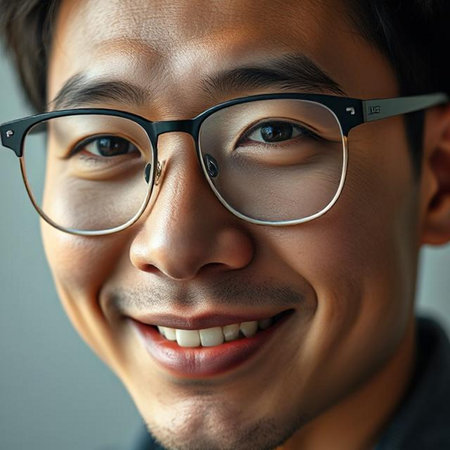 Close up portrait of a smiling young Asian man wearing eyeglassesの素材