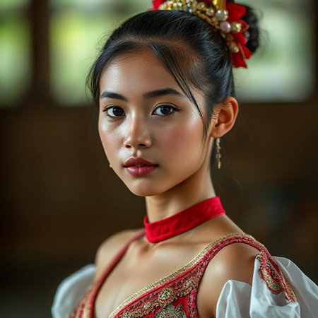 Portrait of a beautiful young Asian woman in traditional Thai costumeの素材