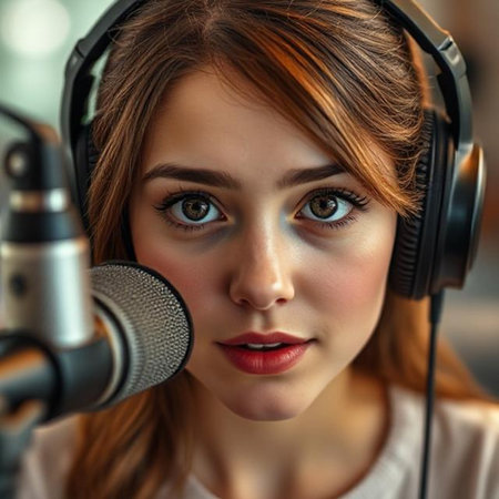Close-up portrait of a beautiful girl in headphones with microphone.の素材