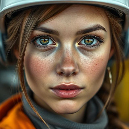 Close-up portrait of a beautiful girl in a protective helmet.の素材