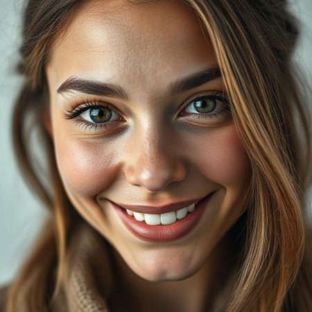 Close up portrait of beautiful young woman smiling, looking at camera.の素材
