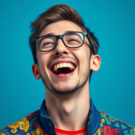 Portrait of a happy young man with glasses over blue background.の素材