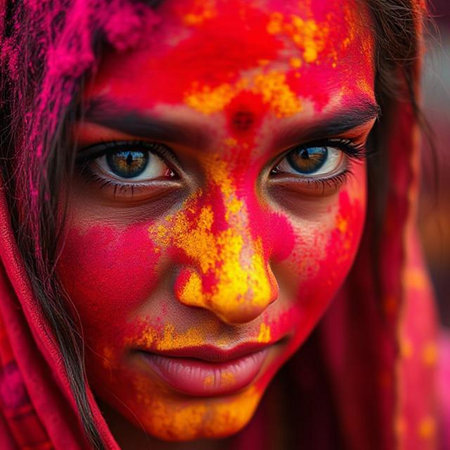 Closeup portrait of a beautiful Indian girl with red and yellow face paintの素材