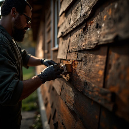 A man paints a wooden wall with a brush in the village.の素材