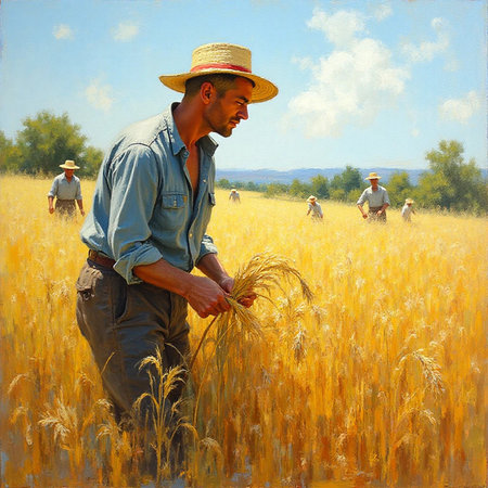 agriculturist at work in a wheat field. paintingの素材