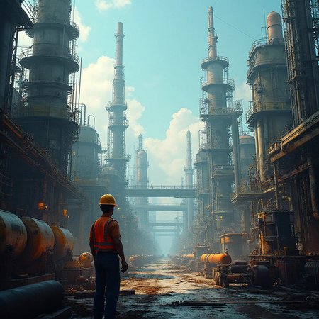 Engineer standing in front of oil refinery plant. This is a 3d render illustrationの素材