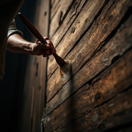 Man painting wooden wall with paintbrush in dark room. Selective focus.の素材