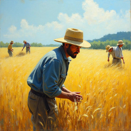 Agriculturist working in the wheat field. Oil painting styleの素材