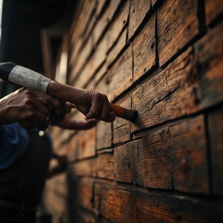 Close-up of a worker using a paintbrush to paint a wooden wallの素材