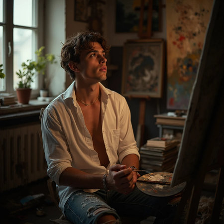 Portrait of a young artist sitting in his studio and painting.の素材