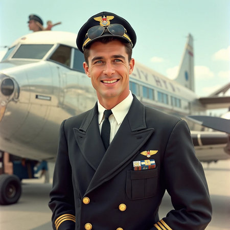 Portrait of a pilot in uniform on the background of an airplaneの素材