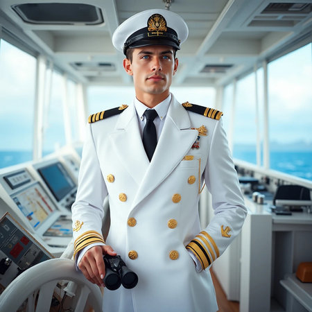 Portrait of a handsome pilot in uniform on a cruise ship.の素材