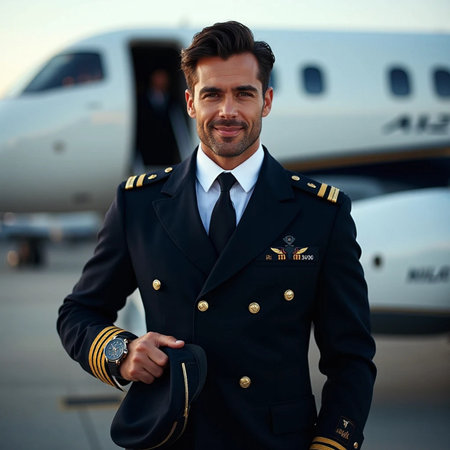 Portrait of a handsome pilot in uniform standing in front of airplaneの素材