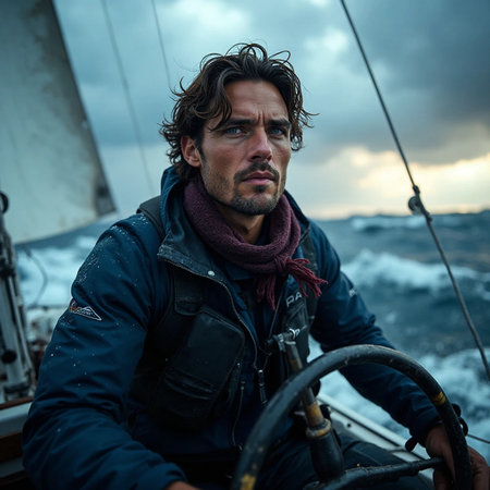 Portrait of a handsome man sailing on a yacht in stormy weatherの素材