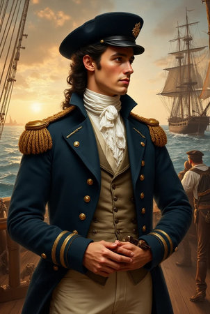Portrait of a handsome man in the captain's uniform on the background of the sea.の素材