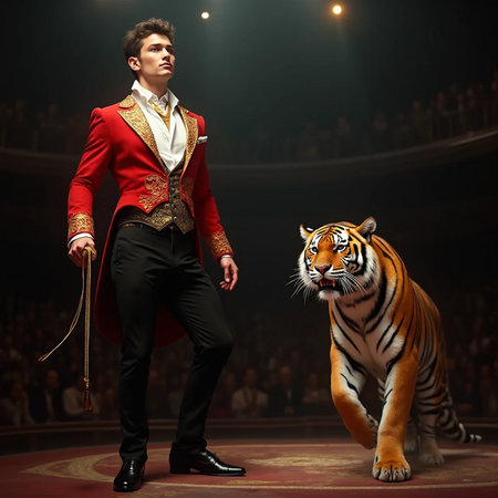 Portrait of a beautiful young man with a tiger in the circusの素材