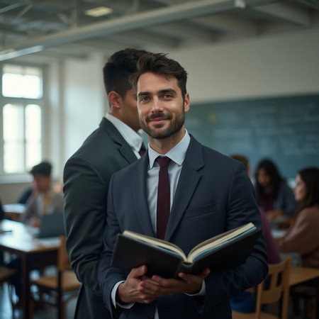 Portrait of confident businessman holding book while colleague standing in background at officeの素材