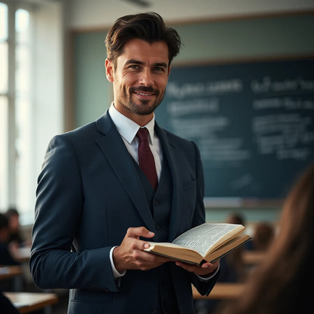 Portrait of a smiling businessman reading a book while standing in a classroom.の素材