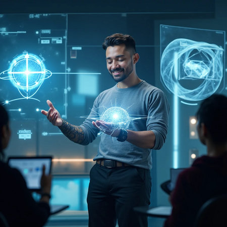 Cheerful young man in casual wear working with virtual holographic projectionの素材