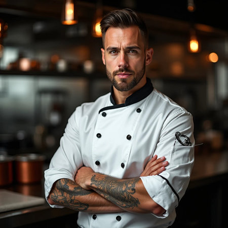 Portrait of a confident male chef standing with arms crossed in a restaurant.の素材